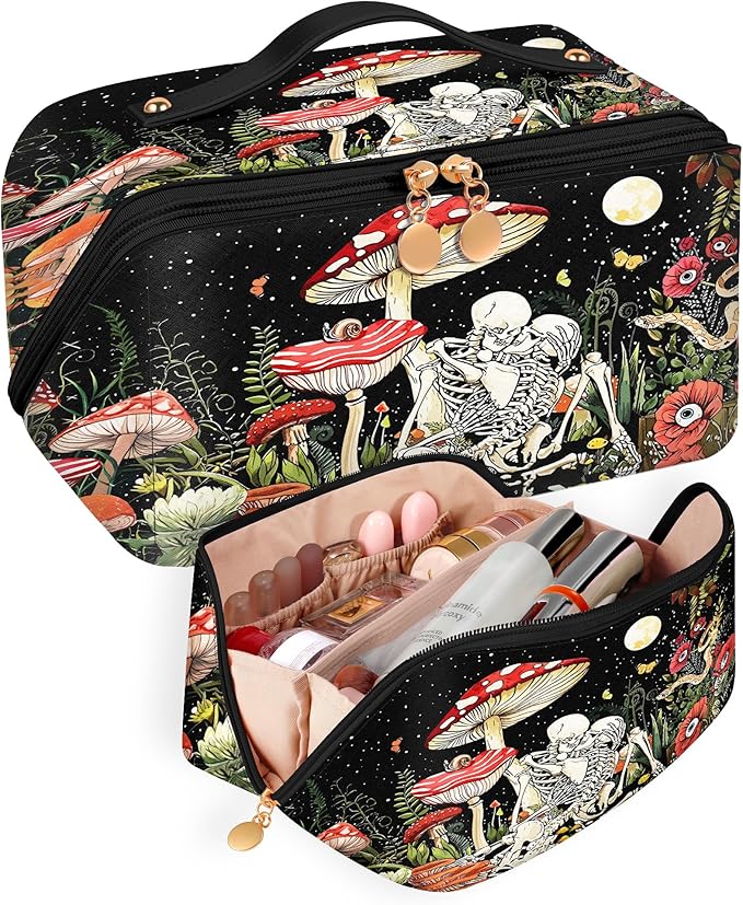 Bistup Makeup Bag Travel Cosmetic Bag Toiletry Make Up Bags Cute Women Large Capacity Big Medium Leather Mushroom Aesthetic Girl Teen Teenage Foldable Expandable Open Flat Zip