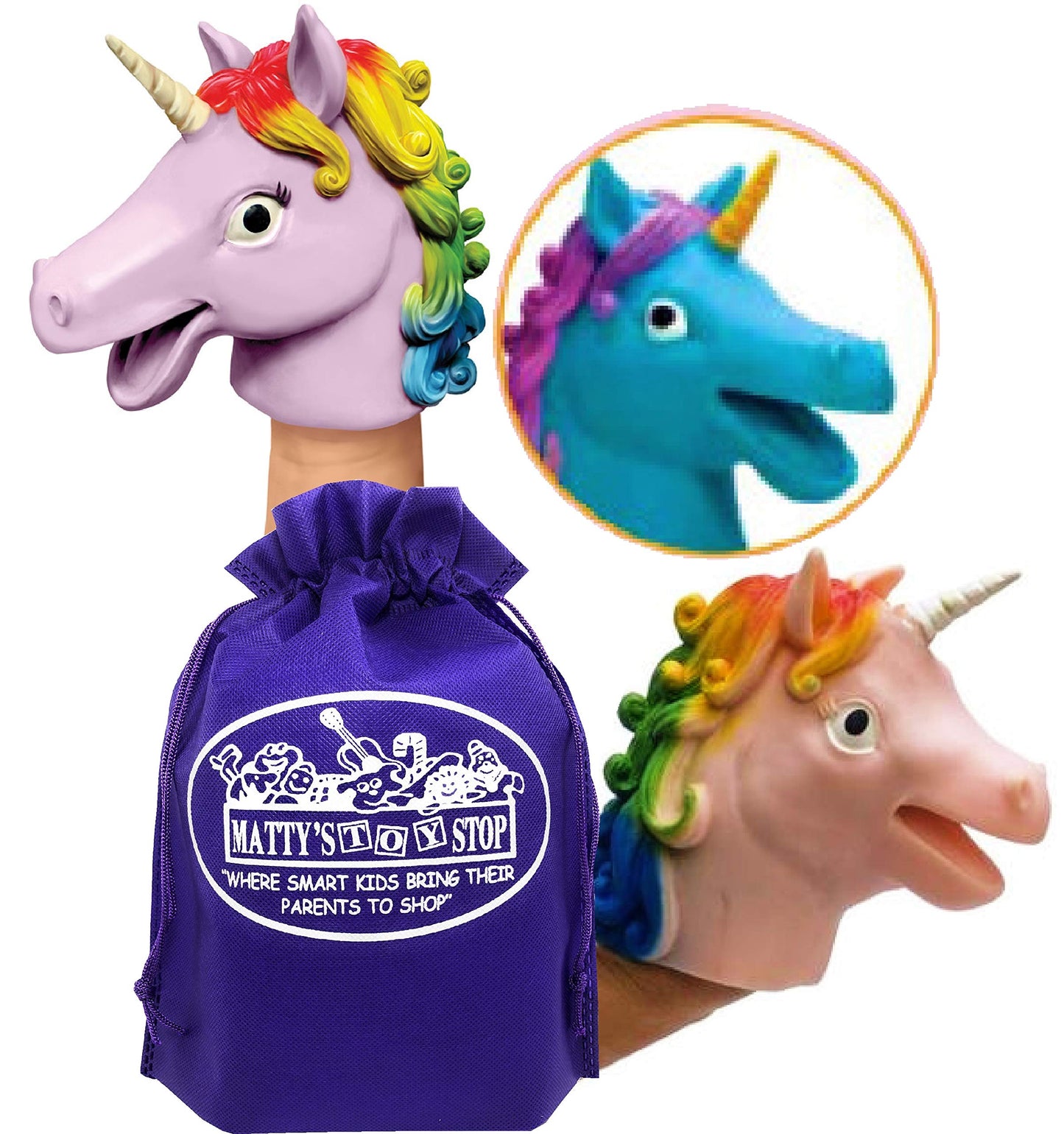 Schylling Unicorn Stretchy Hand Puppets Pink, Purple & Teal Complete Gift Set Bundle with Matty's Toy Stop Storage Bag - 3 Pack