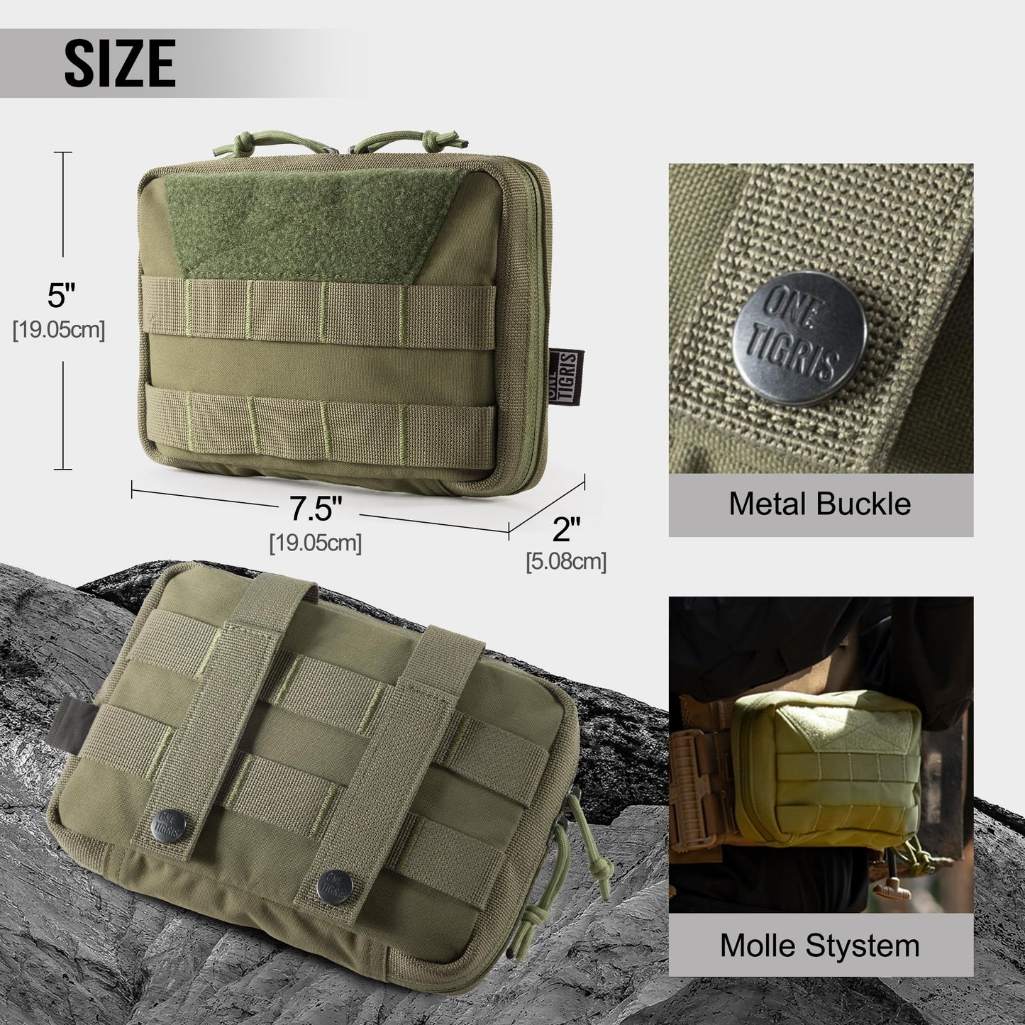 OneTigris MOLLE Pouch, Tactical Admin Pouch Belt EDC Tool Organizer Zippered Utility Waist Pack 7.5"x5"x2"(Green)