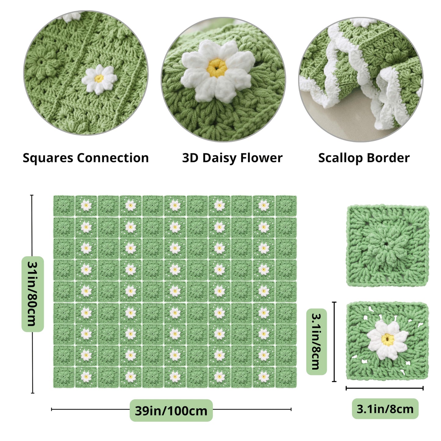 CSWCS Crochet Blanket Kit for Beginners, Daisy Granny Square Throw Kit for Adults, Easy Learn How to Knitting with Yarn & Hook, Complete Starter Set with Step-by-Step Instructions (39" x 31")