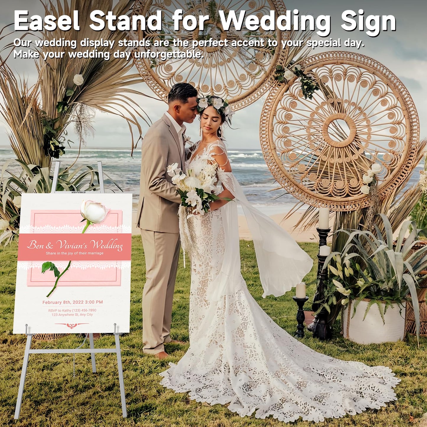 Easel Stand for Sign, Heavy Duty Metal Display Easel with Adjustable Chain, 4-Tier Height Art Easel for Painting, Wedding Sign, Posters & Commercial Display (Silver)