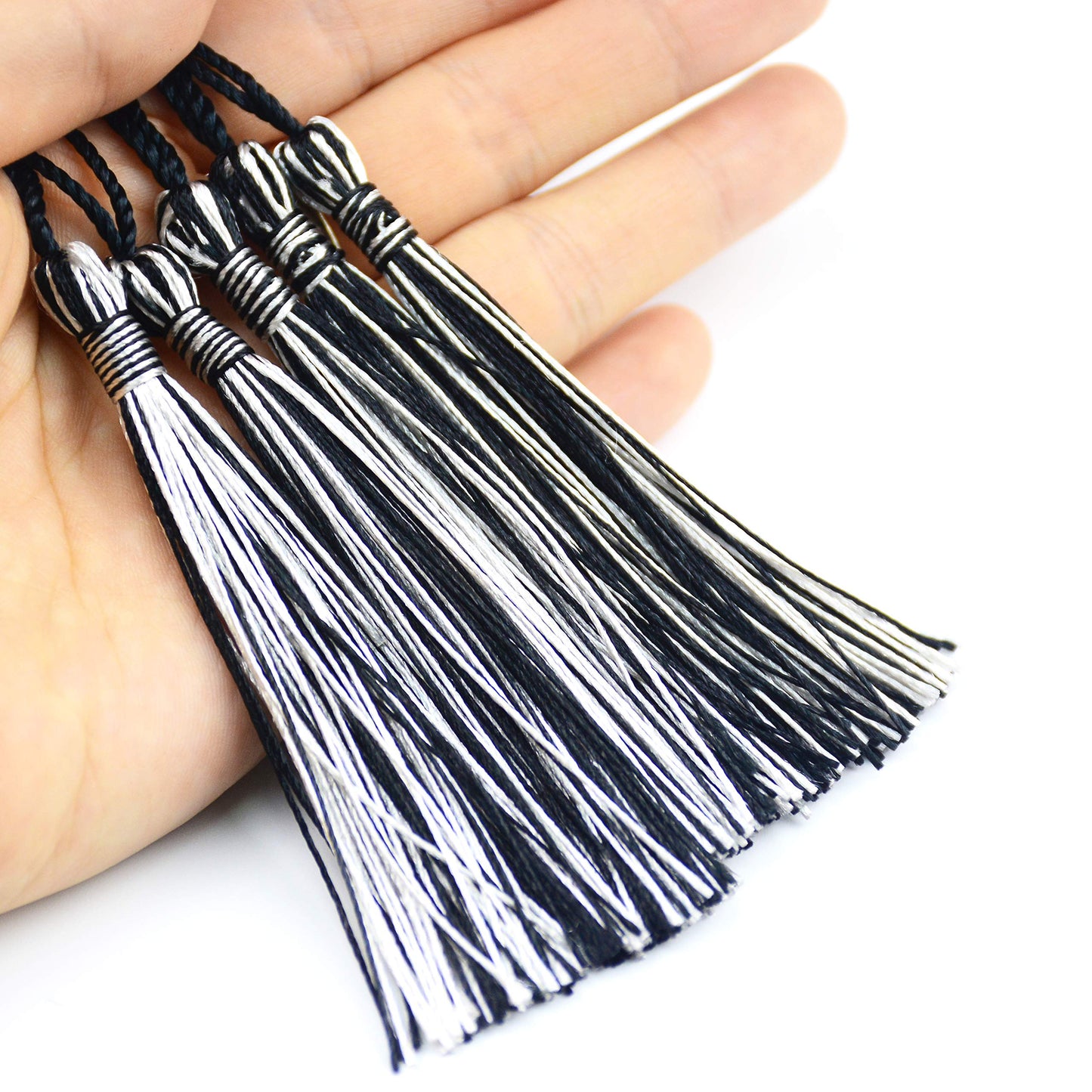 100pcs 13cm/5 Inch Silky Floss Bookmark Tassels with 2-Inch Cord Loop and Small Chinese Knot for Jewelry Making, Souvenir, Bookmarks, DIY Craft Accessory (Black&Silver)