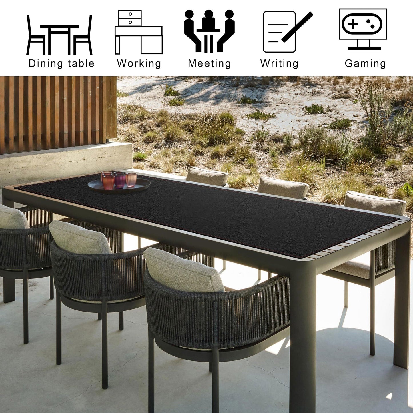 ZORESYN PU Leather Desk Mat Waterproof Anti-Oil Dining Table mat - 70.9" x 23.6" - Large Mouse Pad with Suede Base,Stitched Edges Office Desk Pad for Office & Home | Black