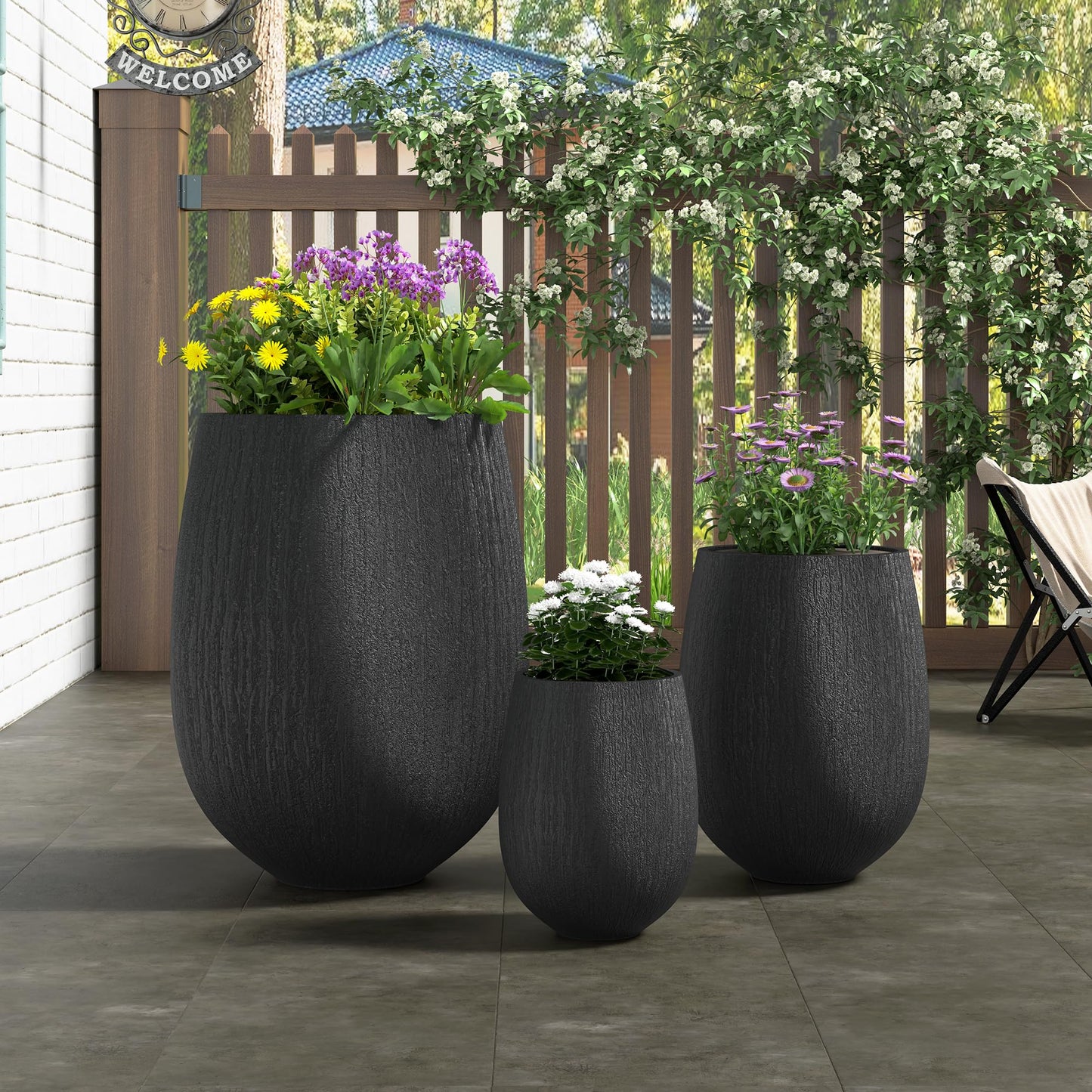 GDFStudio Lightweight MgO Egg-Shaped Planter Set of 3 Large Indoor Outdoor Plant Pots with Drainage Hole & Rubber Plug, Stone Texture Round Flower Pots for Patio Balcony Garden Lawn Poolside, Black