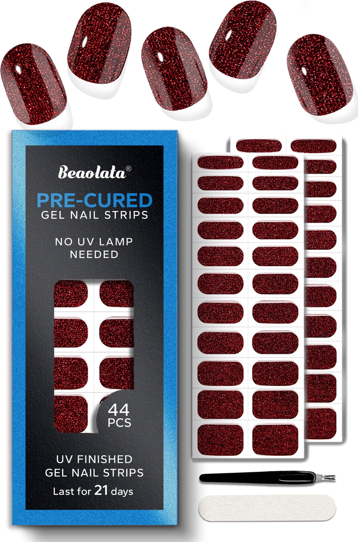 Beaolata Real Gel Nail Strips (No UV Light Needed) - 44Pcs Salon Quality Nail Stickers - Long Lasting Polish Wraps for Women, Easy Apply & Remove (Midnight Ruby)