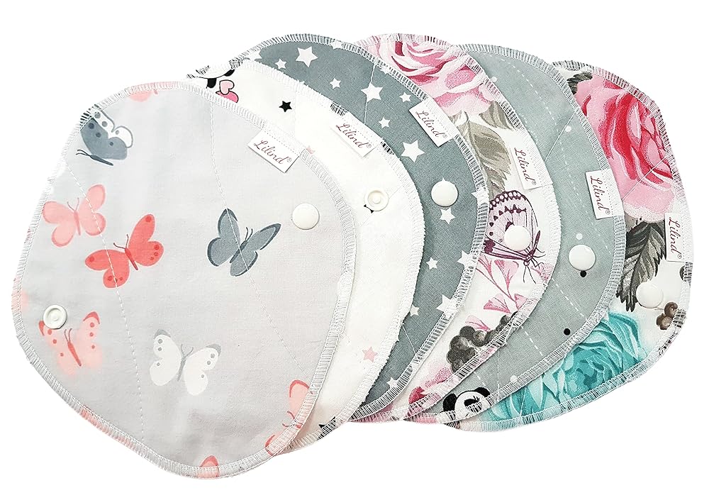 Lilind® 6 Pack Everyday Pantyliners, Organic Cloth Pads, Reusable Menstrual Sanitary Napkins, 100% Cotton, Random Flowers
