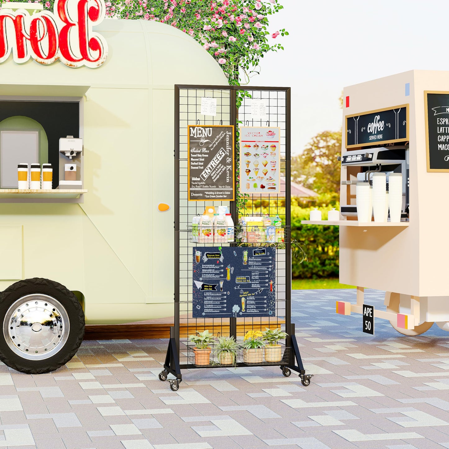 VAFEKOL Rolling Gridwall Display Stand, 65.6" H x 23.6" W Wire Mesh Rack with Wheels, Metal Display Grid for Art Shows, Craft Fairs, Retail Boutique & Home Storage, Black