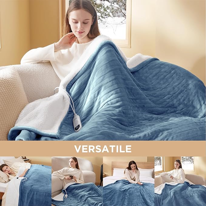 Bedsure Heated Blanket Electric Throw - Soft Flannel Electric Blanket, Heated Throw with 4 Time Settings & 6 Heat Settings, Warm Gift for Grandma (50x60 inches, Blue)