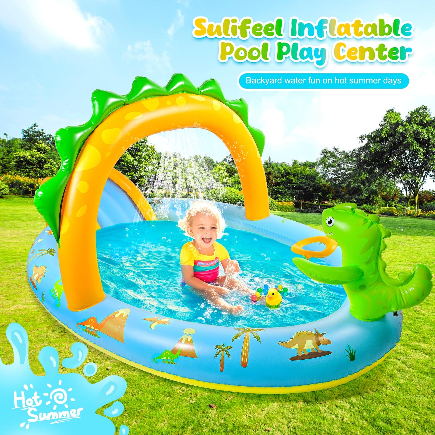 SULIFEEL Dinosaurs Inflatable Play Center Kiddie Pool with Slide and Sprinkler for Children, 96''x59''x39'' Baby Pool for Backyard and Garden