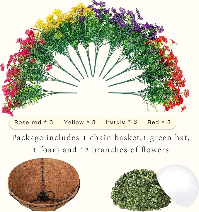 Senjie 12 Bundles Artificial Hanging Flowers with Basket for Outdoor Decor, UV Resistant Faux Flowers Fake Hanging Planter for Porch Patio Balcony