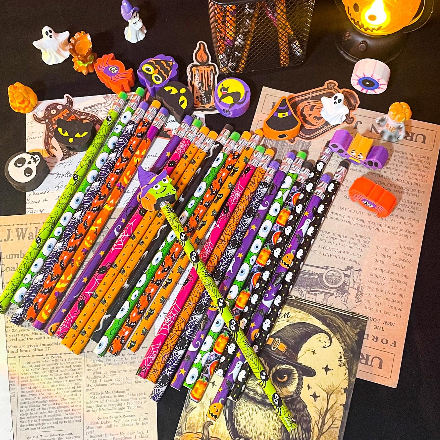 JXITON 24pcs Halloween Pencils with Eraser Toppers Ghost Pumpkin Wooden Pencils for Halloween Goodie Bag Fillers Supply