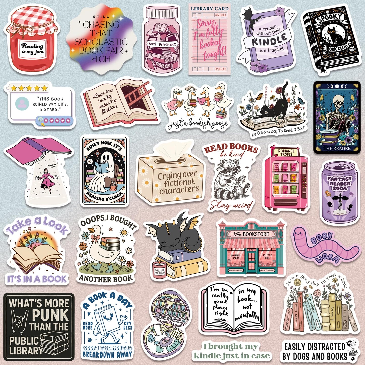 300 PCS Book Stickers for Kindle, Bookish Sticker Pack Reading Glitter Waterproof Vinyl Decals for Laptop, Ebook Readers, Water Bottles, Phone, Journal, Scrapbook, No Repeats (Holographic)