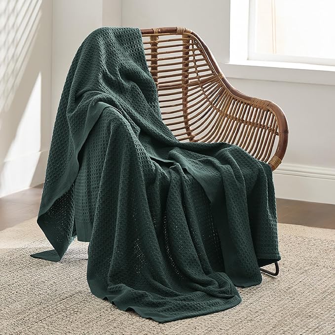 Bedsure 100% Cotton Blanket Twin XL Size for Bed - Breathable and Soft, Waffle Weave Blanket for Summer Spring, Dark Green, 66x90 inches
