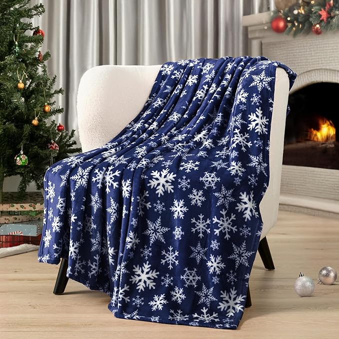 PAVILIA Christmas Throw Blanket | Navy Snowflake Christmas Fleece Blanket | Soft, Plush, Warm Winter Cabin Throw, Twin 60x80 (Navy/White Snowflake)
