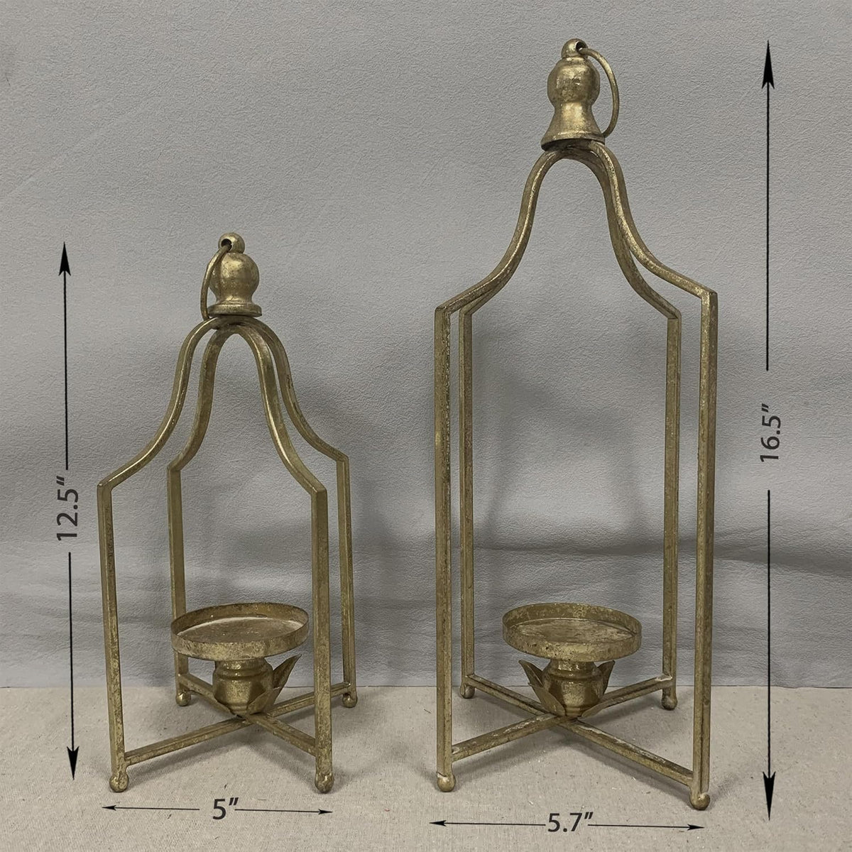 Large Tall Shabby Chic Lanterns Decorative Indoor Outdoor, Outside Gifts Front Porch Patio Vintage Metal Candle Holders, Fireplace Table Floor Farmhouse Rustic Decor Set of 2 (Antique Gold)
