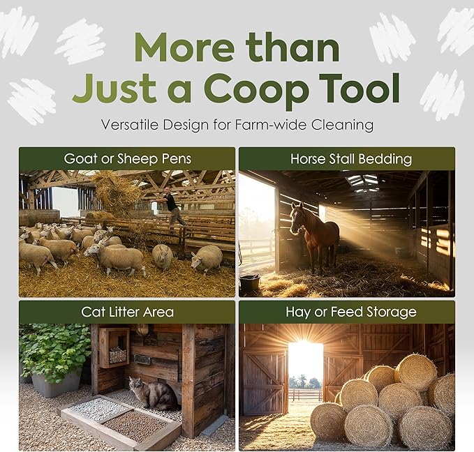 2-in-1 Chicken Coop Poop Scooper and Rake - Metal Sand Sifting Litter Scoop Shovel with Angled Basket and Micro-Sized Diamond Mesh to Catch the Smallest Farm Animal Droppings - Adjustable 12" to 53"