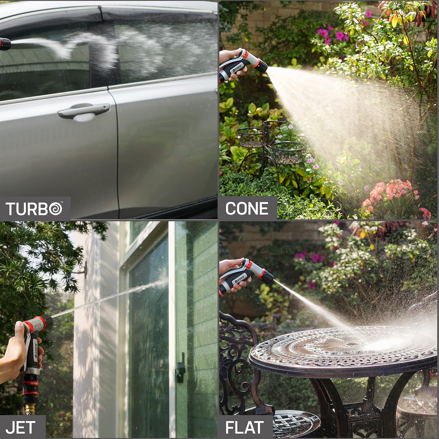 Redesigned Eden PRO 94844 Metal Rear-Trigger 4-Pattern Turbo Nozzle | Heavy-Duty Hose Sprayer for Garden, Lawn, Plants, Outdoor Cleaning, Durable Aluminum Core, Quick Connect Set Bundle