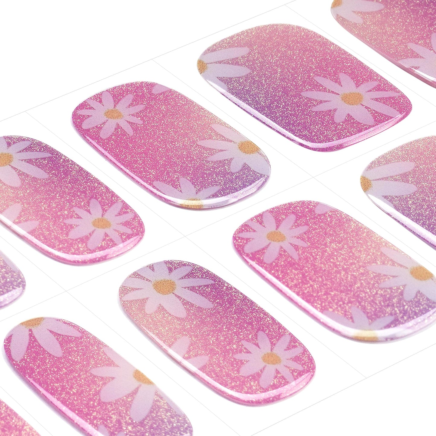 DANNI & TONI Semi Cured Gel Nail Strips Daisy Pink Holographic Gradient Gel Nail Wraps 28 Stickers | Aurora Bloom