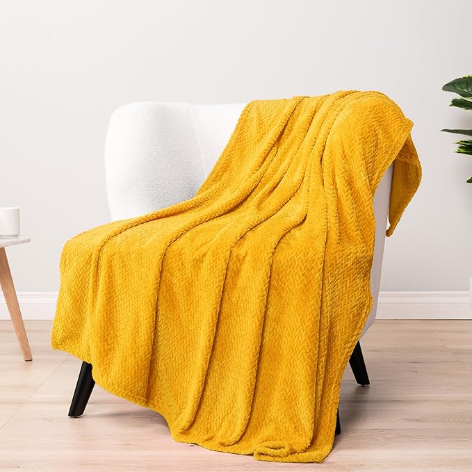 PAVILIA Soft Fleece Yellow Throw Blanket for Couch, Lightweight Plush Warm Blankets for Bed, Fuzzy Cozy Flannel Blanket Throw for Sofa, Travel, Jacquard Pattern, Mustard Yellow, Twin, 60x80 inch