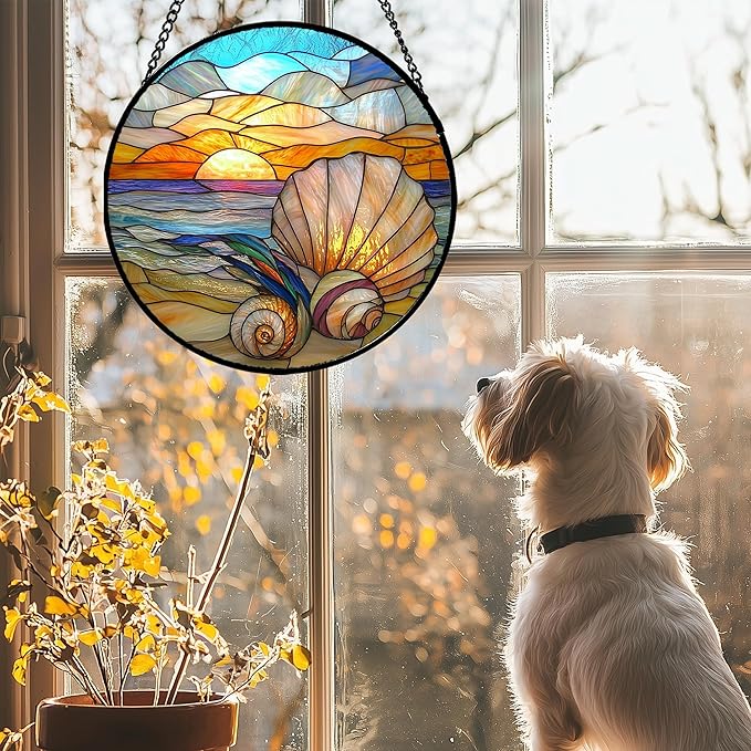 AMDERVEN Stained Glass Window Hanging - Colorful Beach Shells Conch Sun Catcher for Door Home Decor Ocean Suncatcher Christmas Mother's Day Birthday Sea Lover Gifts for Women Men Mom Nana 9.8 in