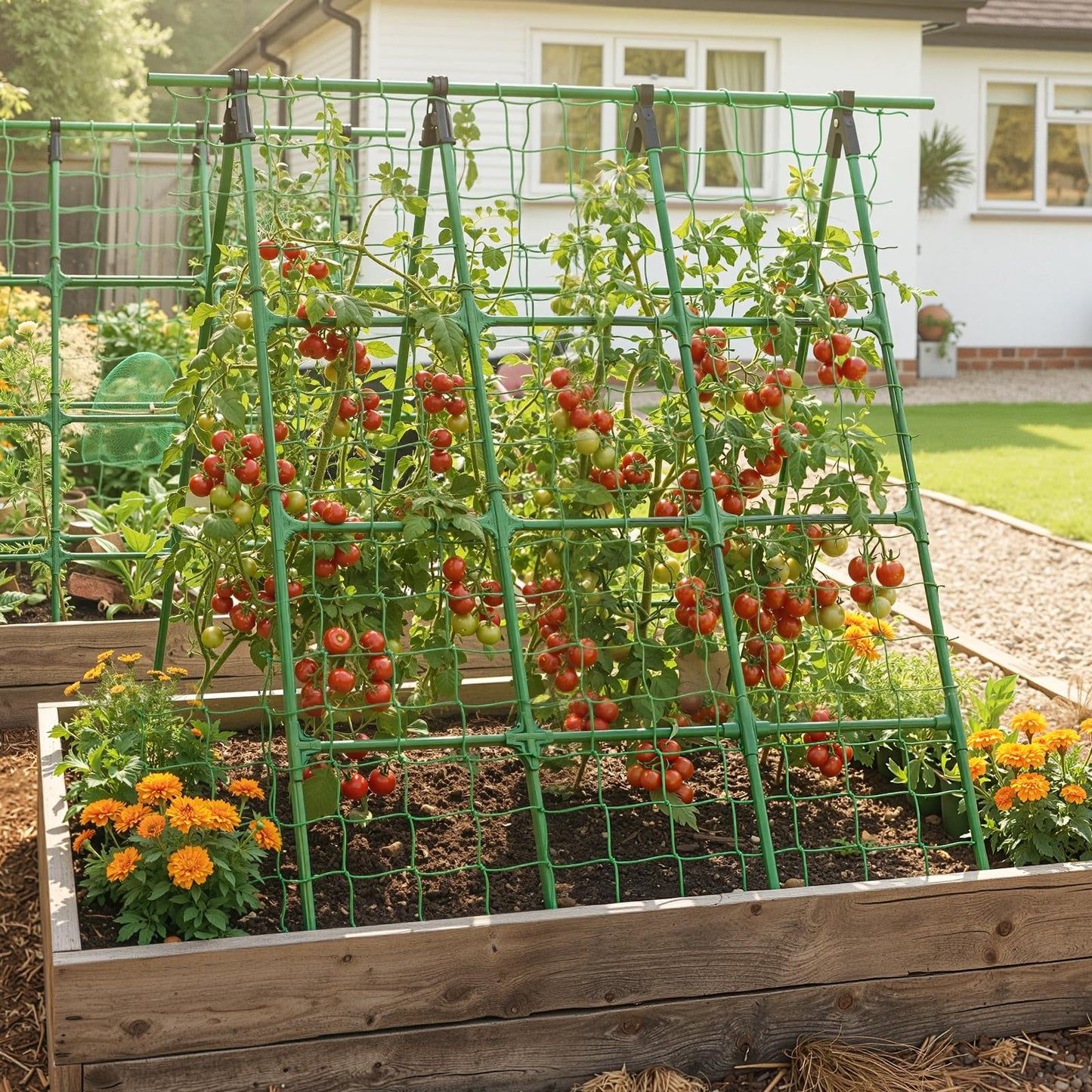 A-Frame Cucumber Trellis for Raised Bed - 63”H x 47”W, Heavy-Duty Detachable Garden Trellis with Netting & Clips, Support for Climbing Outdoor Cucumber, Tomatoes, Luffa, Bitter Melon, Vining Flowers