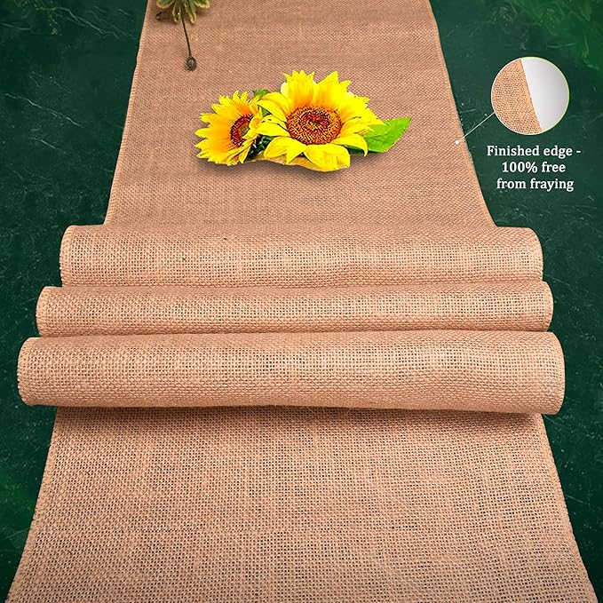 Burlap Table Runners (Pack of 12) – 12”x 108” - No-Fray Finished Edge Premium Quality Natural Table Runner – No Odor, Eco-Friendly Burlap Runner, Perfect for Rustic Table Decor and Other DIY Crafts
