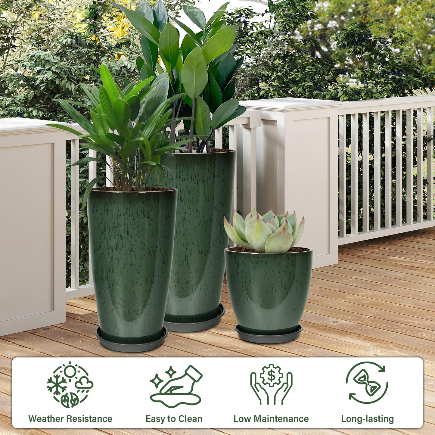 Neoaider 24/21/12 Inch Large Plastic Planter, Lightweight Ceramic-Look Tall Planters with Drain Hole & Saucers, Tall Plastic Planters for Porch, Garden, Patio, Balcony(Dark Green)