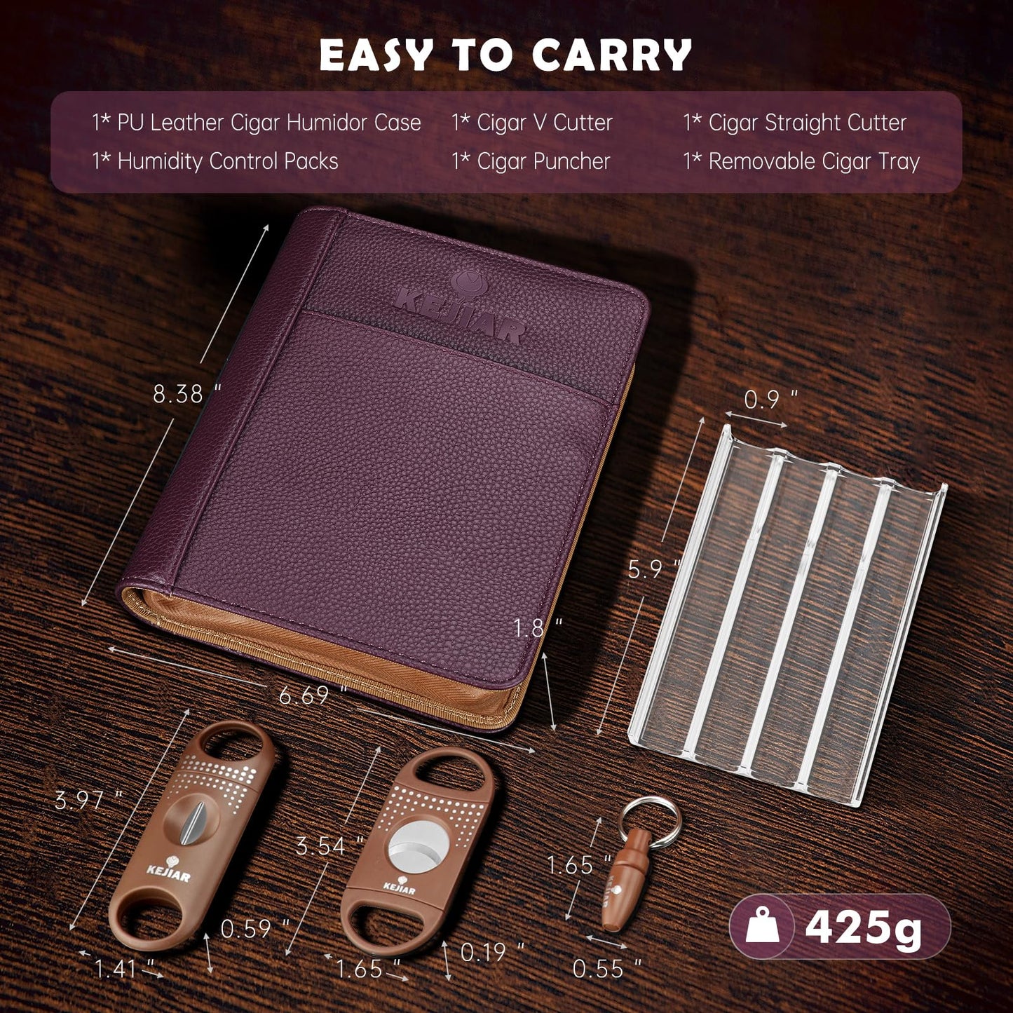 KEJIAR Travel Cigar Humidor Set, Humidor Cigar Box with V Cutter, Straight Cutter, Hole Puncher, Two-Way Humidity Control Packs, Leather Holder Case with Cigar Accessories Kit (Purple)