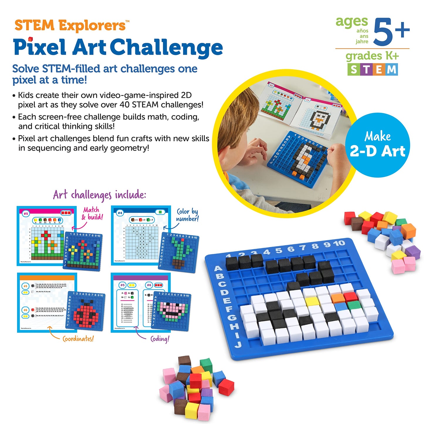 Learning Resources STEM Explorers Pixel Art Challenge - Science Kits & STEM Activities for Kids, Pattern Blocks, Fine Motor Skills, Math Manipulatives, Sorting and Counting, Gifts for Boys and Girls