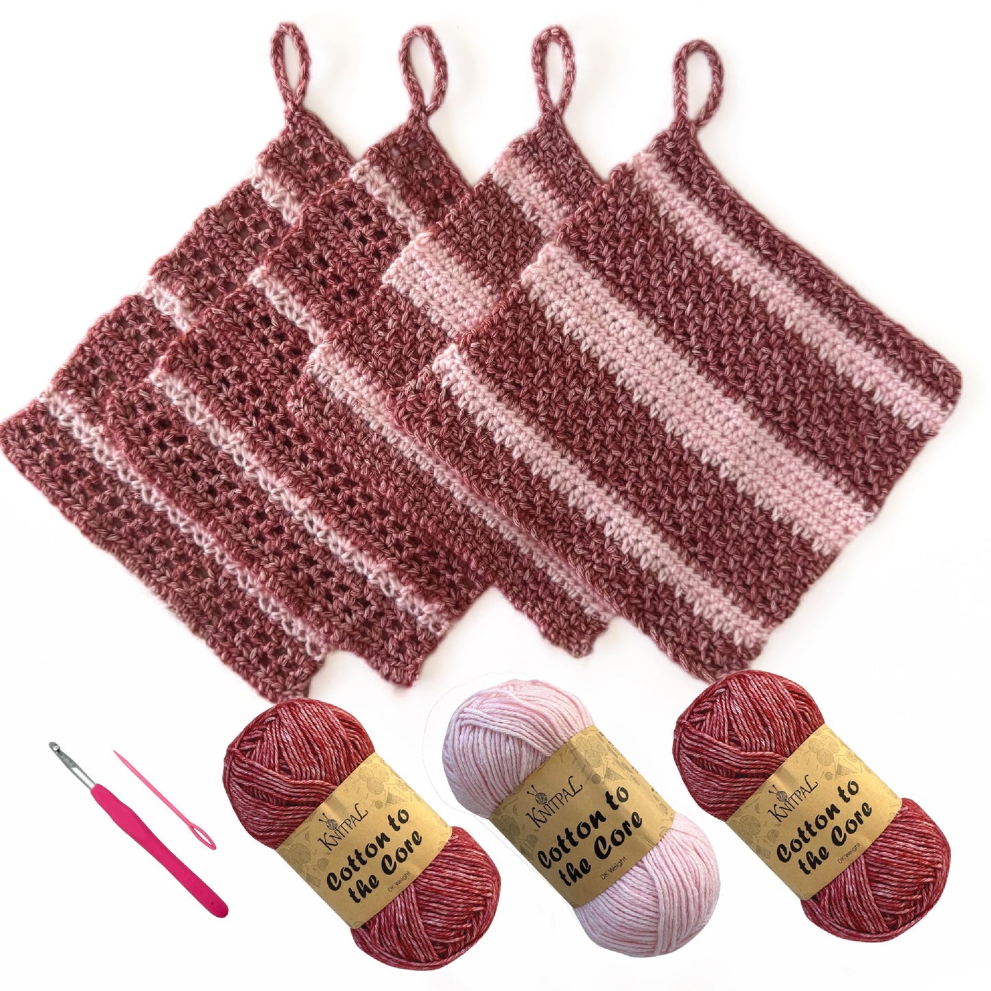 KnitPal Everyday Joy Crochet Kit for Confident Beginners – Make 4 Reusable 7.5 x 7.5 in Dishcloths – with Cotton to The Core Yarn (#3 DK), Hook, Patterns & Video Tutorials (Cherry Red + Blush Pink)