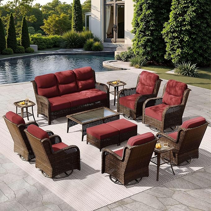 HILLGA Luxury Patio Furniture Set with 6-Inch Thick Cushions, High Back Outdoor Swivel Rocker Chairs and Patio Couch, 13-Piece All Weather Conversation Set for Porch Deck Pool Yard, Burgundy (V3)