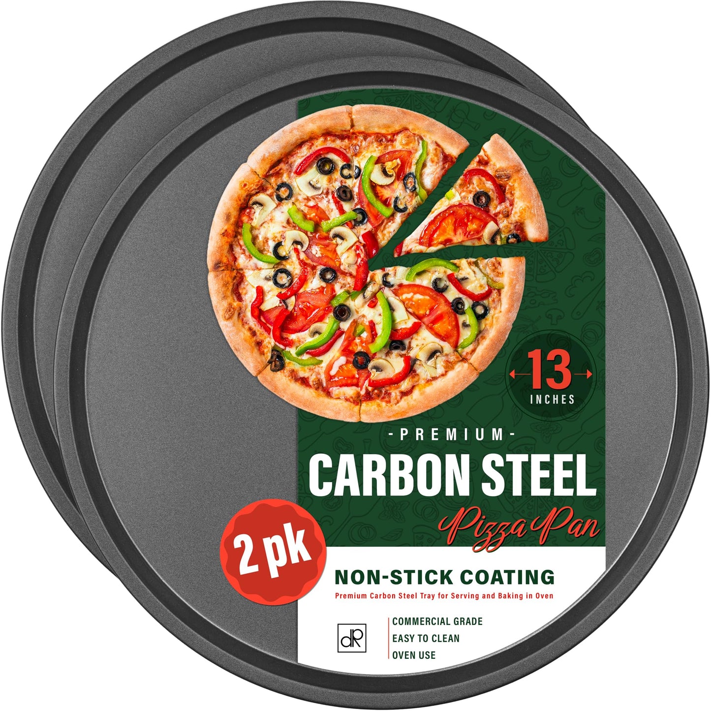 DecorRack 13 Inch Carbon Steel Pizza Pan, [Premium] Non-Stick Coating, Commercial Grade, Serving Tray, Heavy Duty Round Baking Tray for Oven Use (2 Pack)