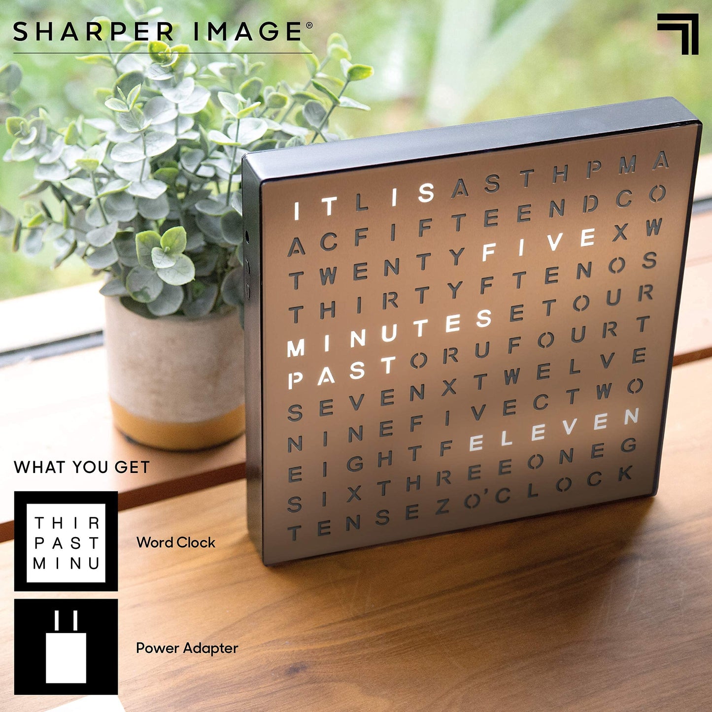 Sharper Image LED Word Digital Clock, 7.75", Copper Finish, Light-Up Desk & Wall Clock, Modern Time Display, Shelf or Wall Decor for Home Office, Living Room, Kitchen & Bedroom, Housewarming Gift