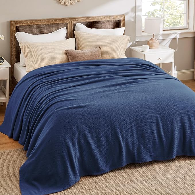 Bedsure 100% Cotton Blanket Queen Size for Bed - Breathable and Lightweight, Soft Cozy Textured Herringbone Woven Blanket for Summer Spring, Navy Blue, 90x90 inches