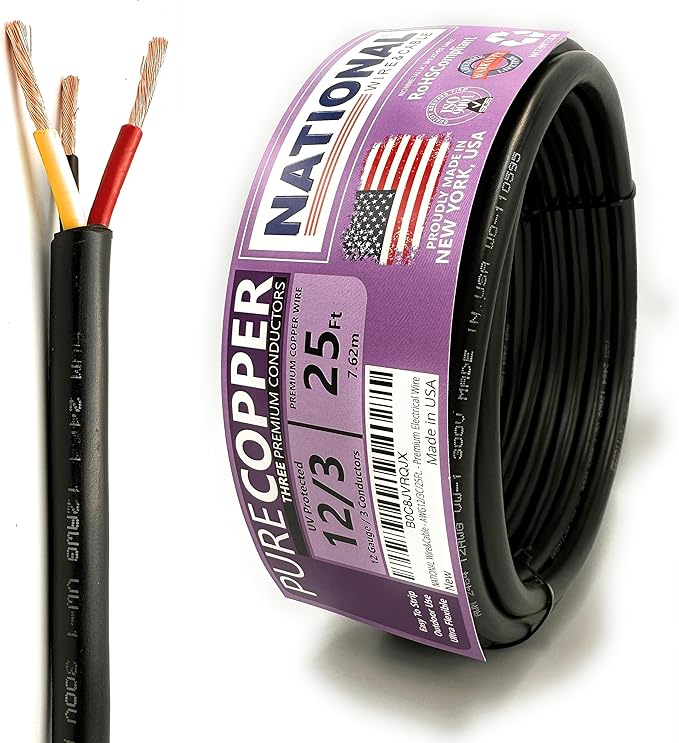 NATIONAL Wire & Cable – 12 AWG 3-Conductor Premium Copper Wire, 25 ft, Stranded | Made in USA, Heavy-Duty Flexible Jacket | Automotive, Solar, Home, RV, Indoor and Outdoor Use