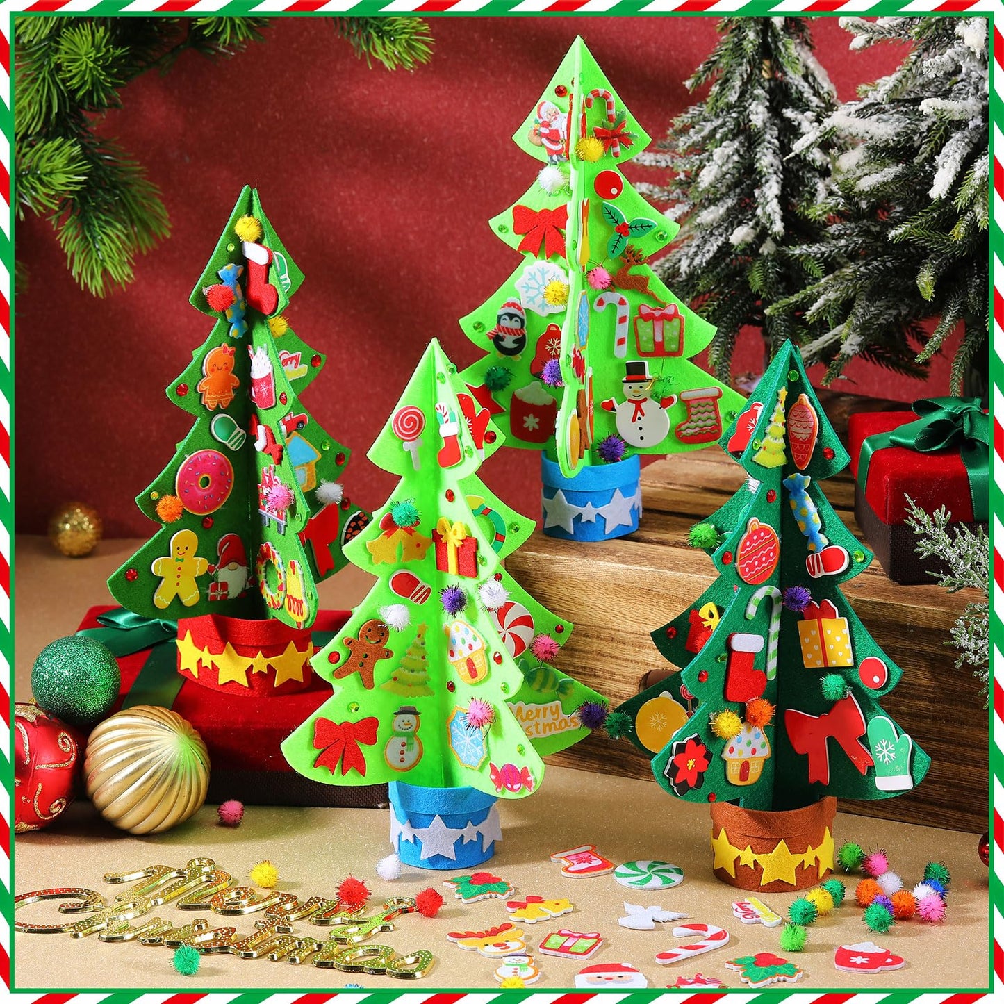 Moucuny 408 Pcs Christmas Tree DIY Craft Kits 3D Christmas Tree Felt Sets Xmas Felt Decorations with Elk Gingerbread Man Penguin Snowman Candy Wreath Stickers for Party Favors Activities