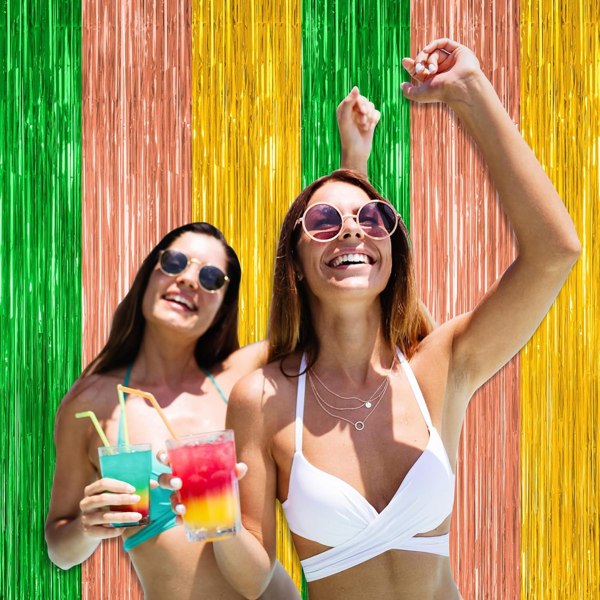2 Pack Luau Decorations, 3.28 FT x 7.05 FT Summer Party Streamer, Green Brown Yellow Backdrop Tinsel Curtains Fringe Curtains, Metallic Hawaiian Supplies Aloha Party Decor