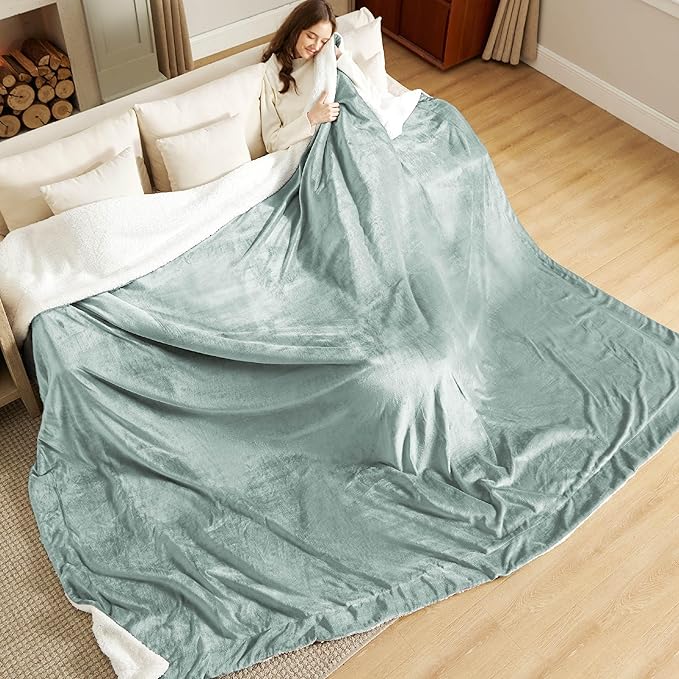 Bedsure Sherpa Fleece Oversized Cal King Blankets for Bed - Thick and Warm, Soft Fuzzy Plush Large Blanket for Winter, Sage Green, 112x98 Inches