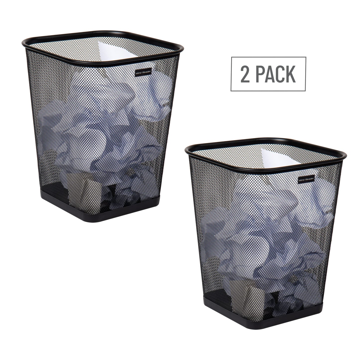 Mind Reader Mesh Trash Can, Waste Paper Basket, Square, Office, Metal Mesh, 9.75"L x 9.75"W x 12.25"H, Set of 2, Black