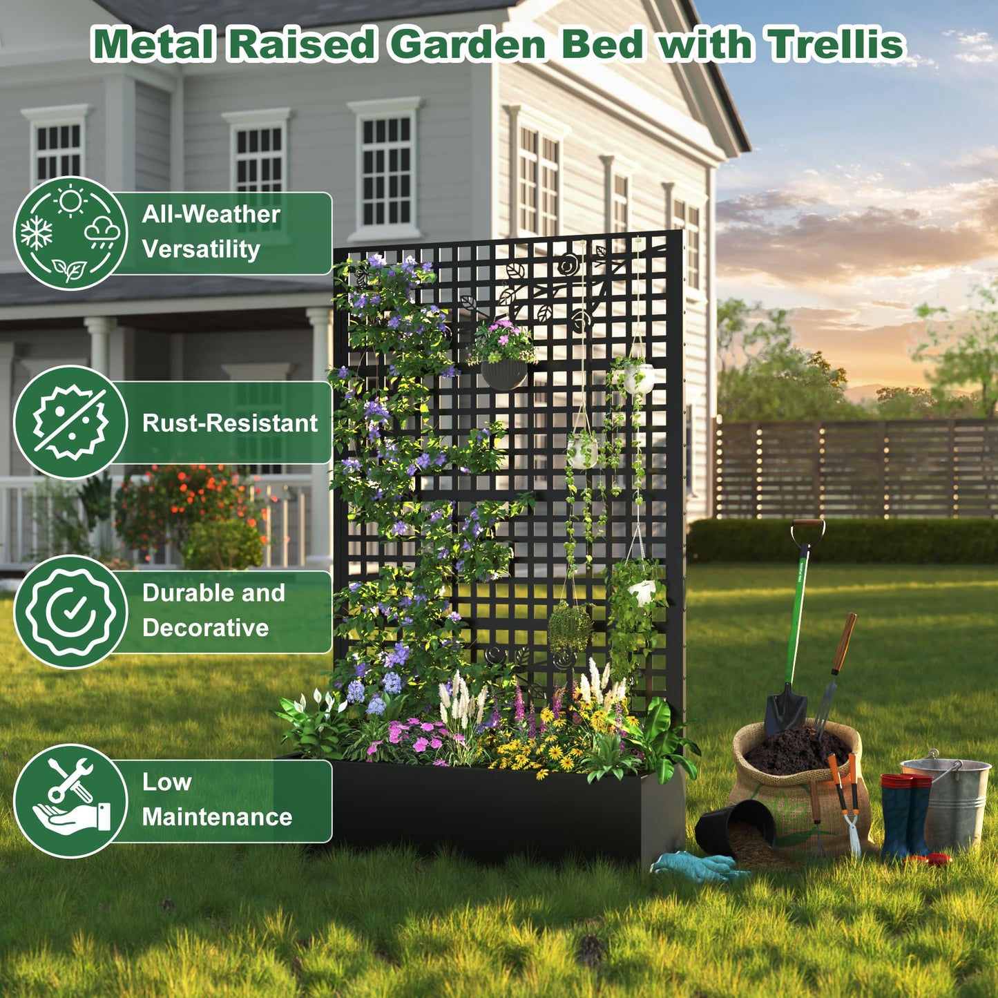 Coumy Metal Raised Planter Box with Trellis & Privacy Screen, 70.9"x 43.3"x 15.8"Free-Standing Garden Bed with Drainage Holes for Climbing Plants, Vegetables and Vines