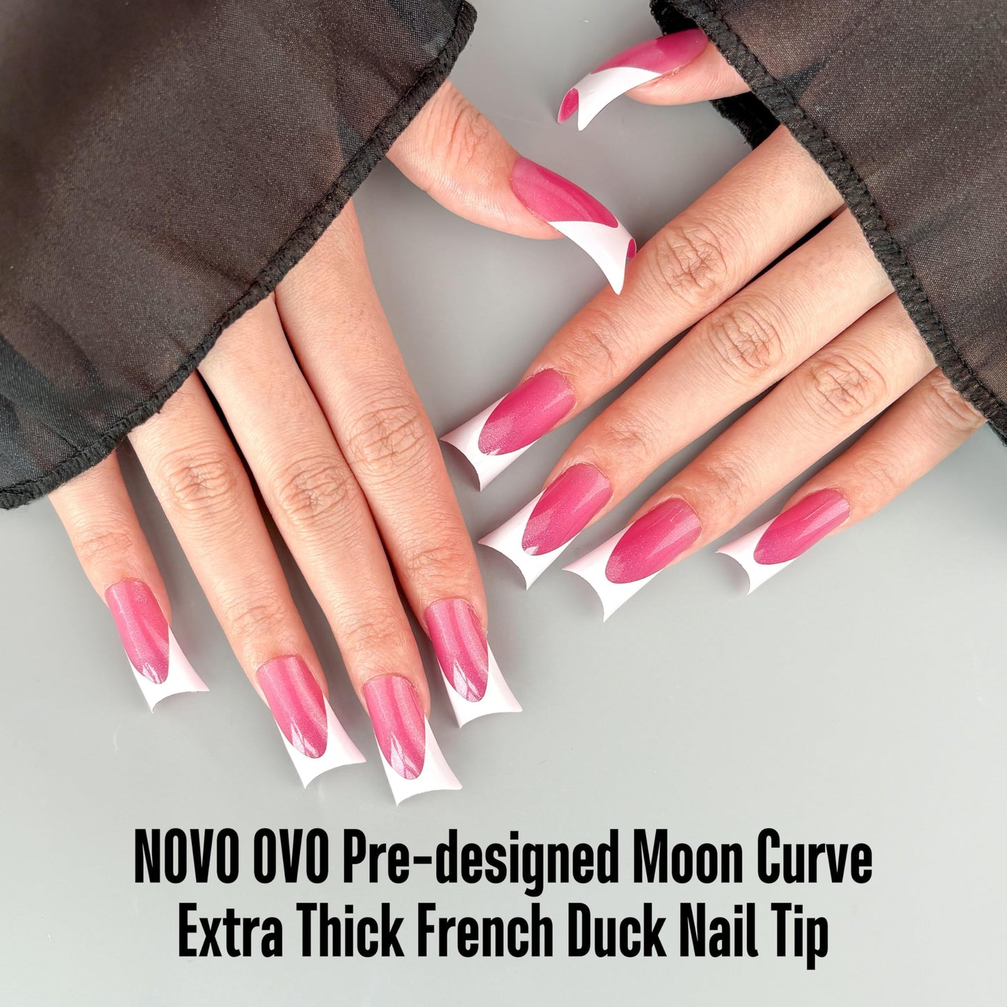 NOVO OVO Halloween Duck Nail White French Tips Press On ROSE PINK with Glitter, Full Cover Acrylic with Moon Curve, Medium Thick Pre-Etched Flare Wide Soft Gel False Nail Extension x 15 Sizes 150 pcs