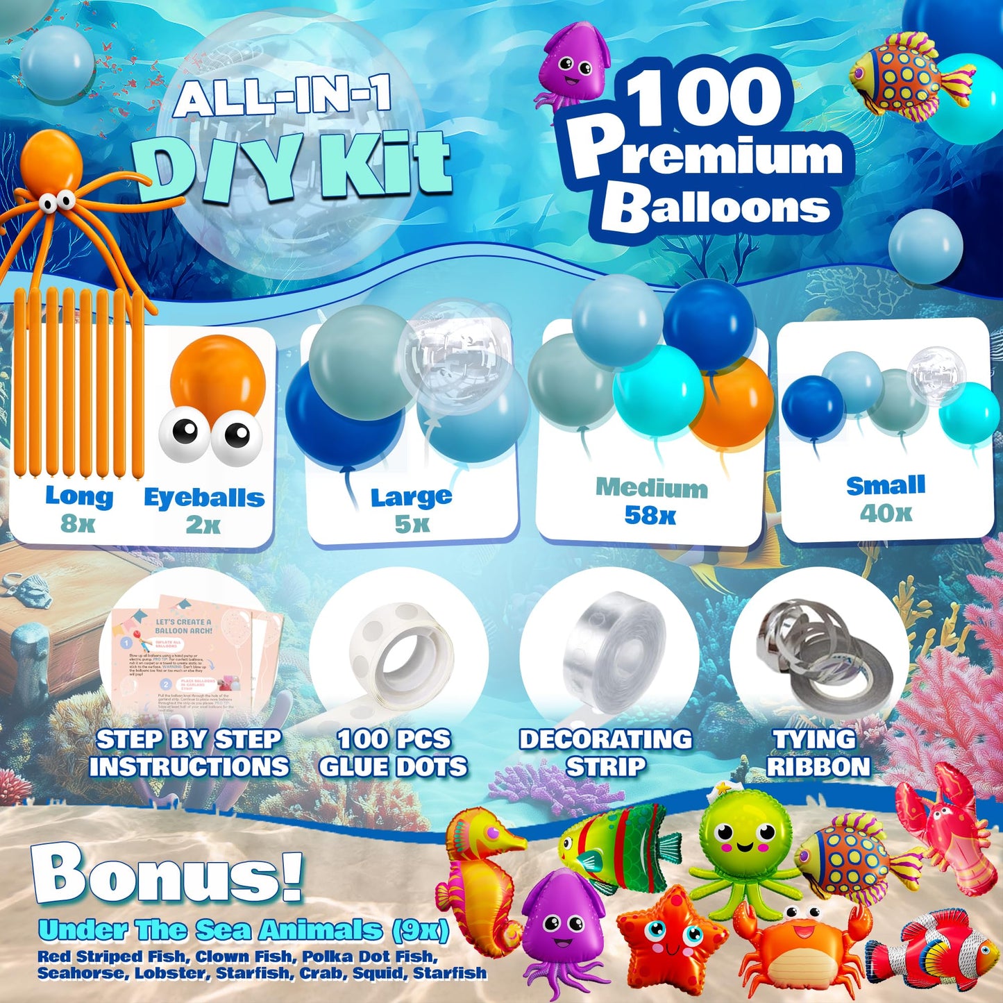 ALL-IN-1 Ocean Balloon Arch Kit with BONUS Under the Sea Animals (9x) - Under the Sea Balloon Arch Kit for Ocean Themed Party Decorations, Nemo Birthday Decorations, Under the Sea Decorations