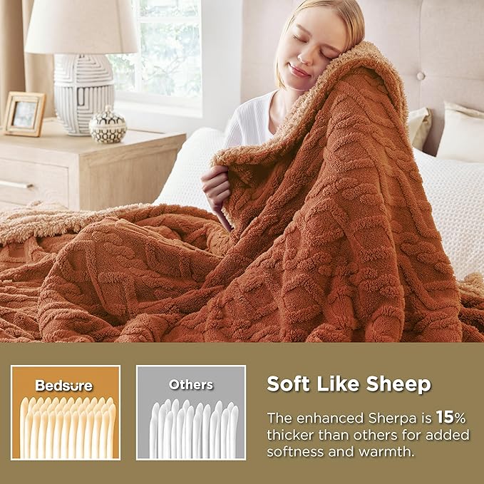 Bedsure Sherpa Fleece Blanket Twin Size for Bed - GentleSoft Fluffy & Cozy Cable Jacquard Tufted for Women Gift, Thick and Warm Blankets for Winter, Orange, 60x80 Inches