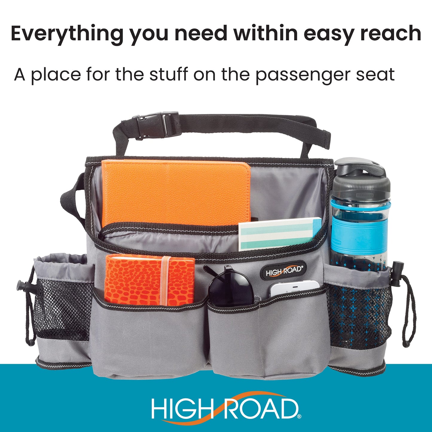 High Road SwingAway Front Seat Car Organizer for Daily Driving Essentials with Side Bottle and Cup Holders
