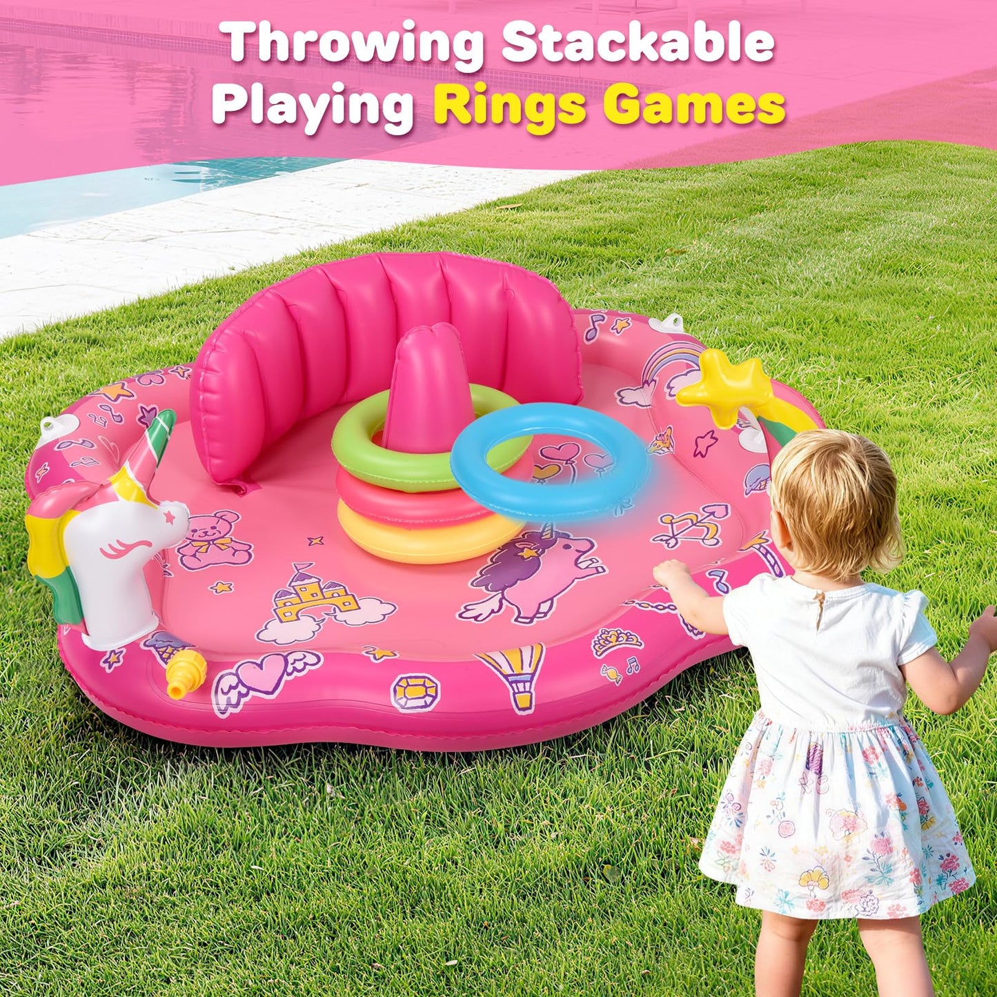 Baby Pool Float with Sprinkler, Inflatable Baby Splash Pad with Stackable Rings Game, Baby Splash Mat with Canopy & Backrest for Toddlers Garden, Beach, Backyard and Bathroom (Pink)