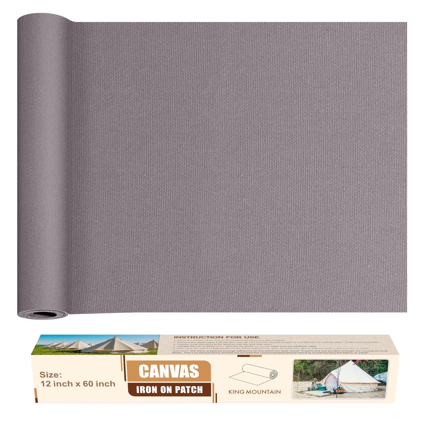 KING MOUNTAIN Canvas Iron on Patch,12"×60",Waterproof 100% Cotton Fabric Repair Patch,Used for Various Sofa,Tent,Clothes,Seats,Suitcases (Light Gray,Waterproof)