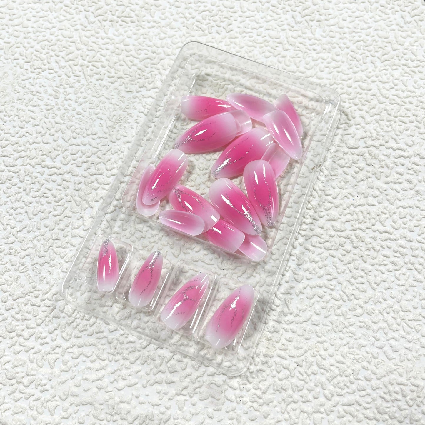 MERVF Press on Nails Medium Almond, Pink Gradient Fake Nails Heart Flame Glitter Design Glue ons Goth Acrylic Nail Glossy 24pcs