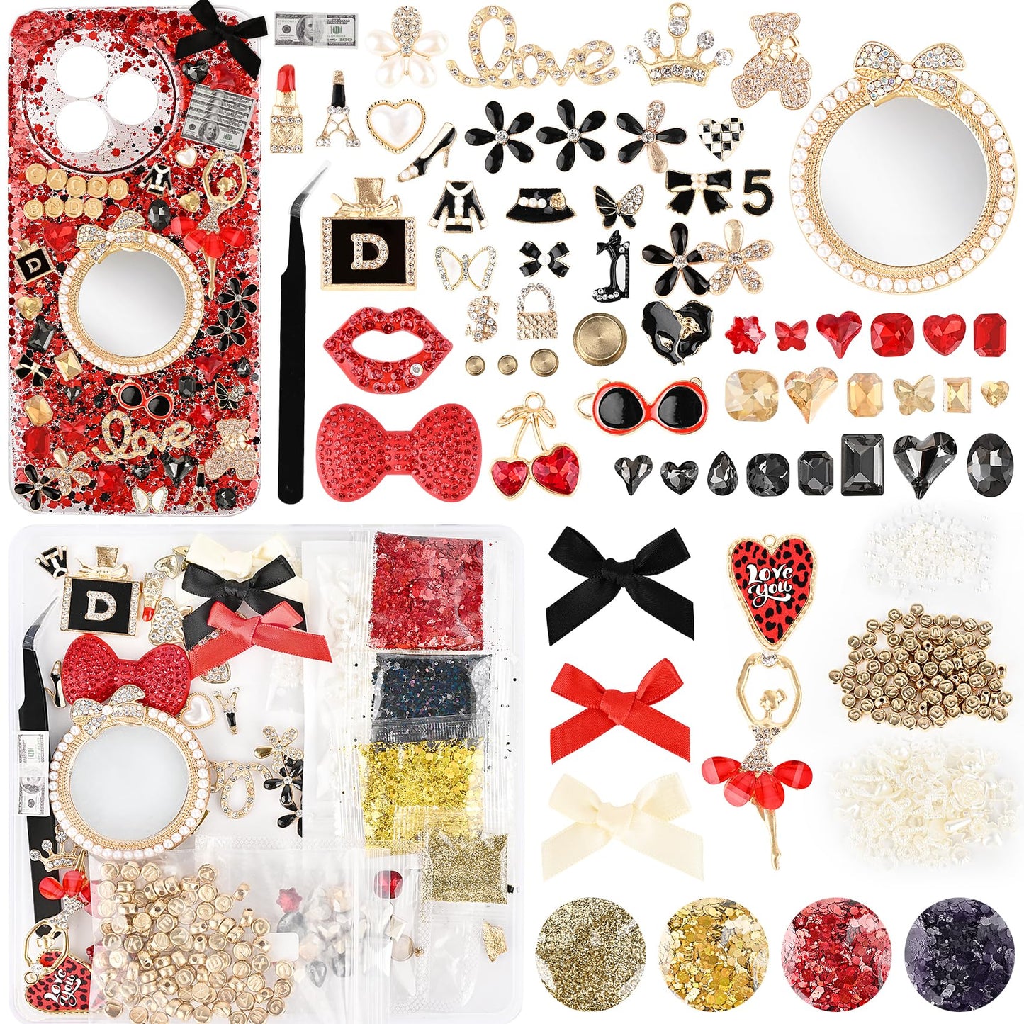 Prdingfy Red Junk Case Charms Kit, Black & Red DIY Phone Case Decorations with Rhinestones, Letter Beads, Mirror & Tools for Customizing Bling Junk Phone Cases & Personalized Gifts