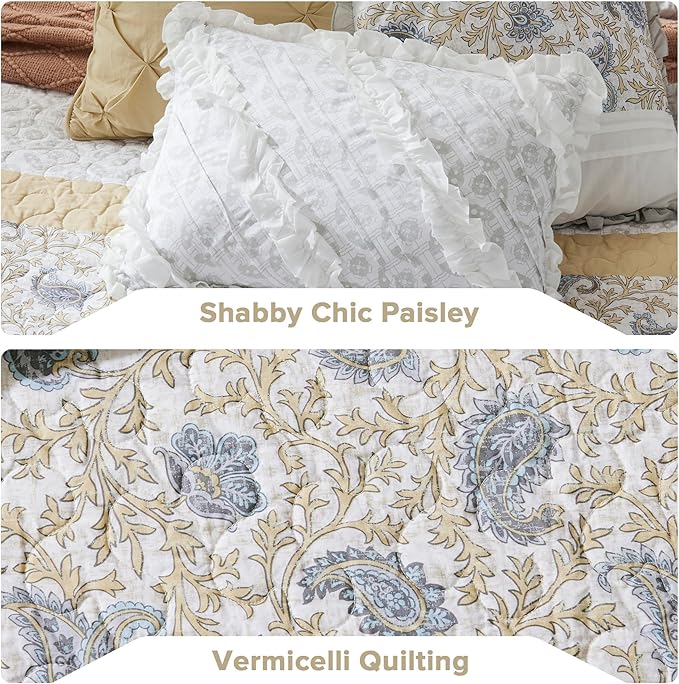 Madison Park 100% Cotton Quilt Set Floral Print, Double Sided Stitching, All Season, Lightweight Coverlet Shabby Chic Bedding Layer, Matching Shams, Full/Queen, Yellow 6 Piece