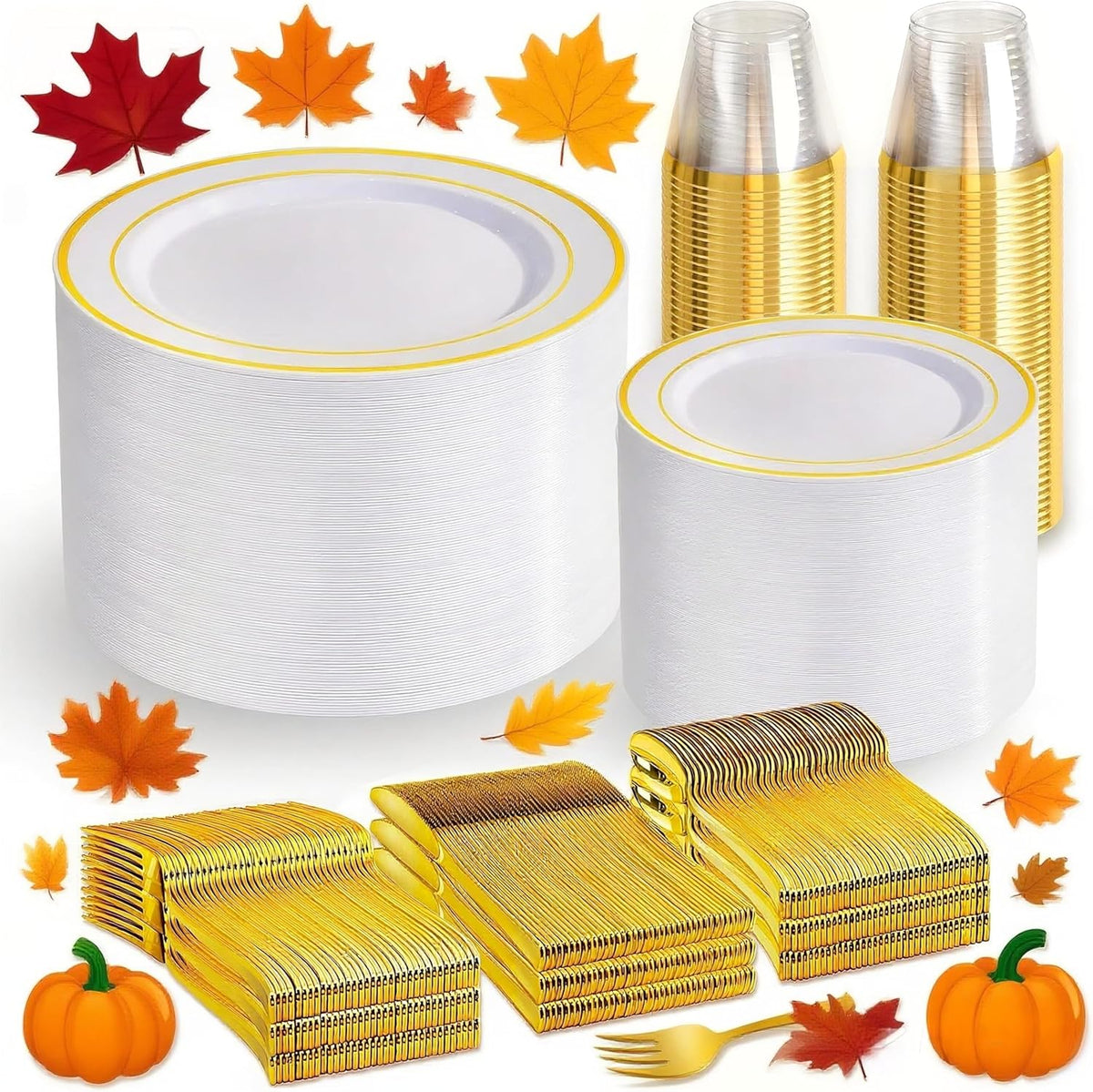 Gold Disposable Dinnerware Set for 100 Guests - 600PC BPA-Free Plastic Plates & Cutlery Kit with 100 Dinner Plates, Salad Plates, Forks, Knives, Spoons & Cups for Wedding, Party, Catering (Heavy-Duty)
